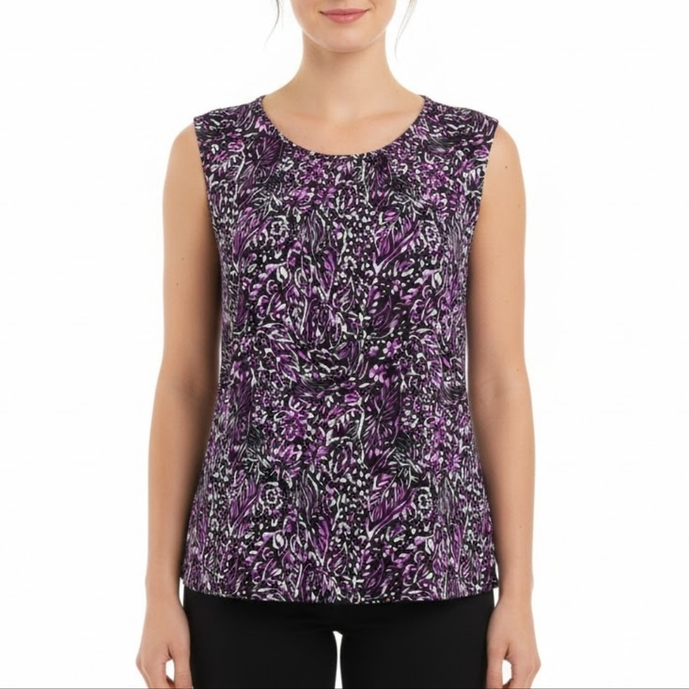 Tahari ASL Abstract Floral Sleeveless Top Womens Size Large Purple Blouse